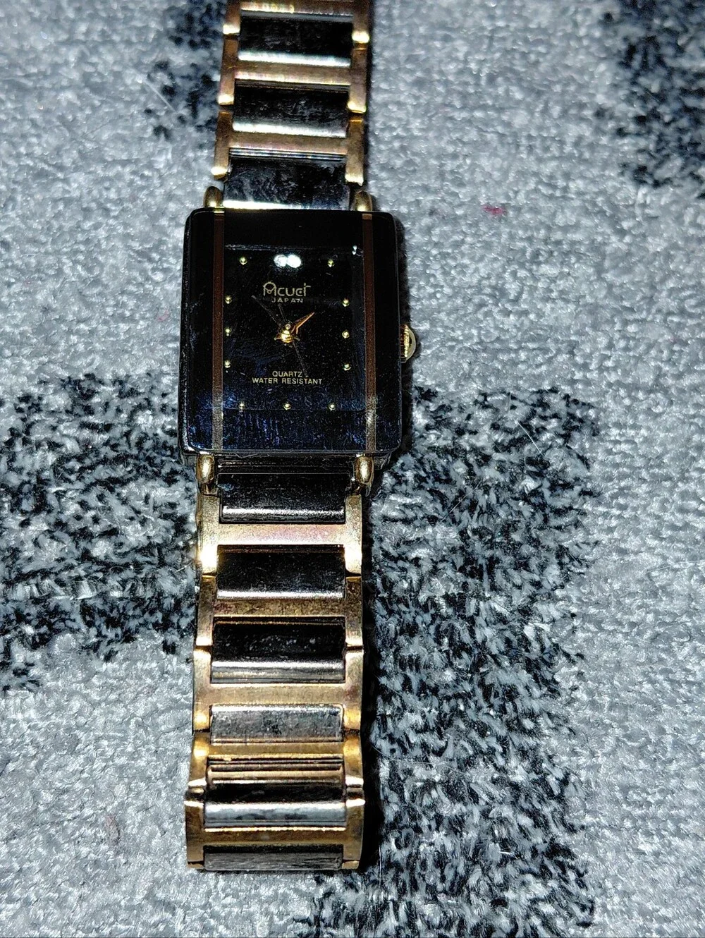Vintage Acuet Japan Quartz Tank Watch Black Gold Two Tone Art Deco Y2K CC